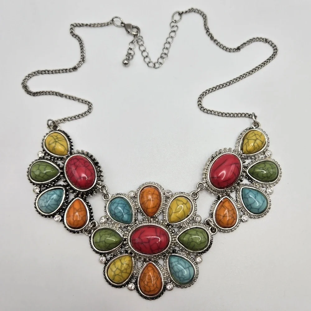 Statement Necklace Colorful Stones Silvertone Tribal Southwest Boho Maximalist